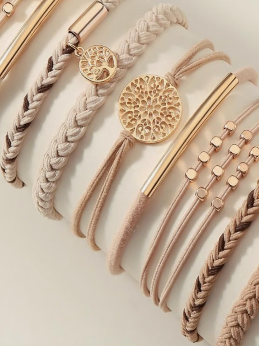 10-Pack Women's Elastic Hair Ties Set in Light Coffee with Gold Accents